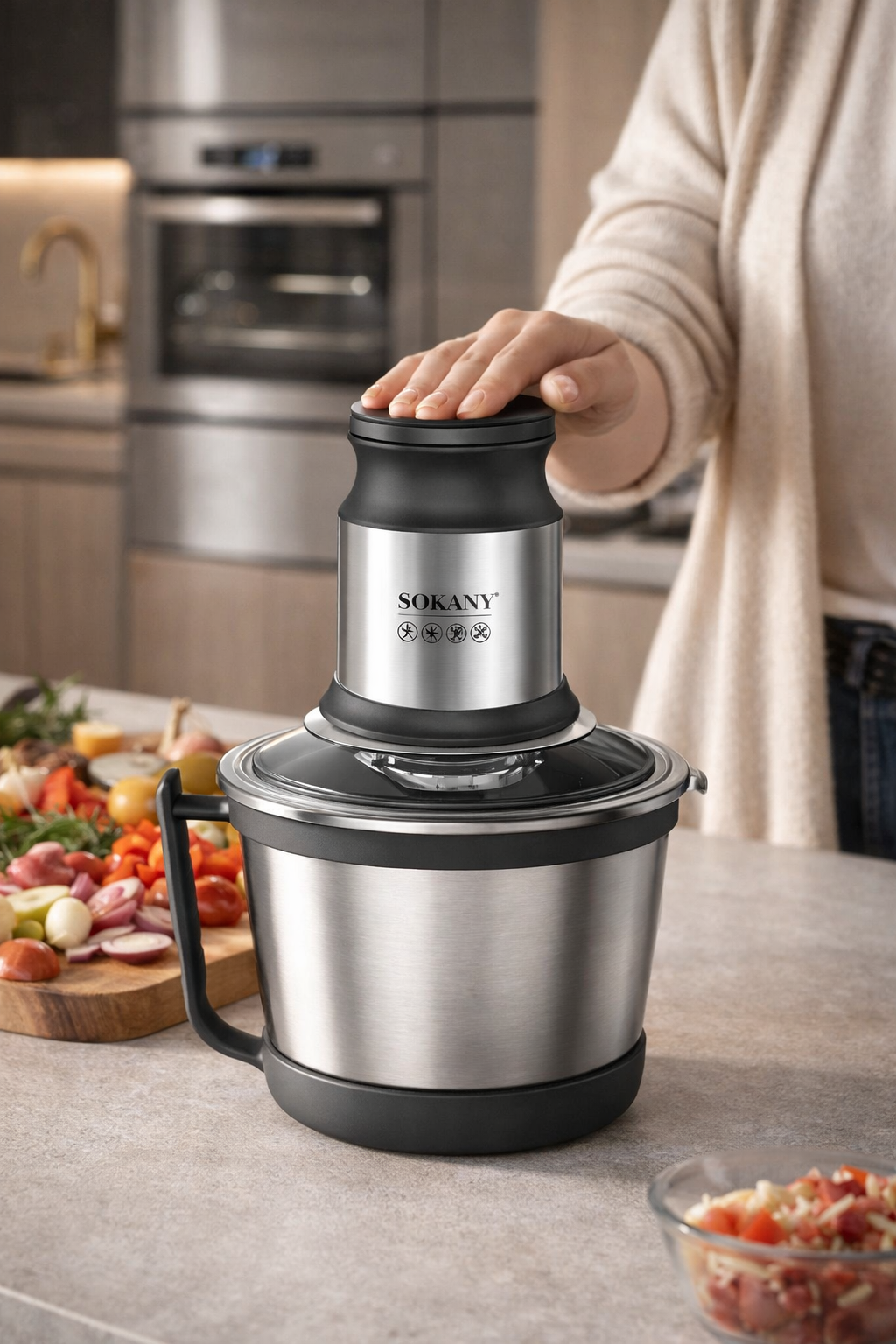 Tocător electric multifuncțional, 4 lame din oțel inoxidabil de înaltă calitate, 800 W, 3L, recipient din Inox, Negru/Inox ❘ SK-7027