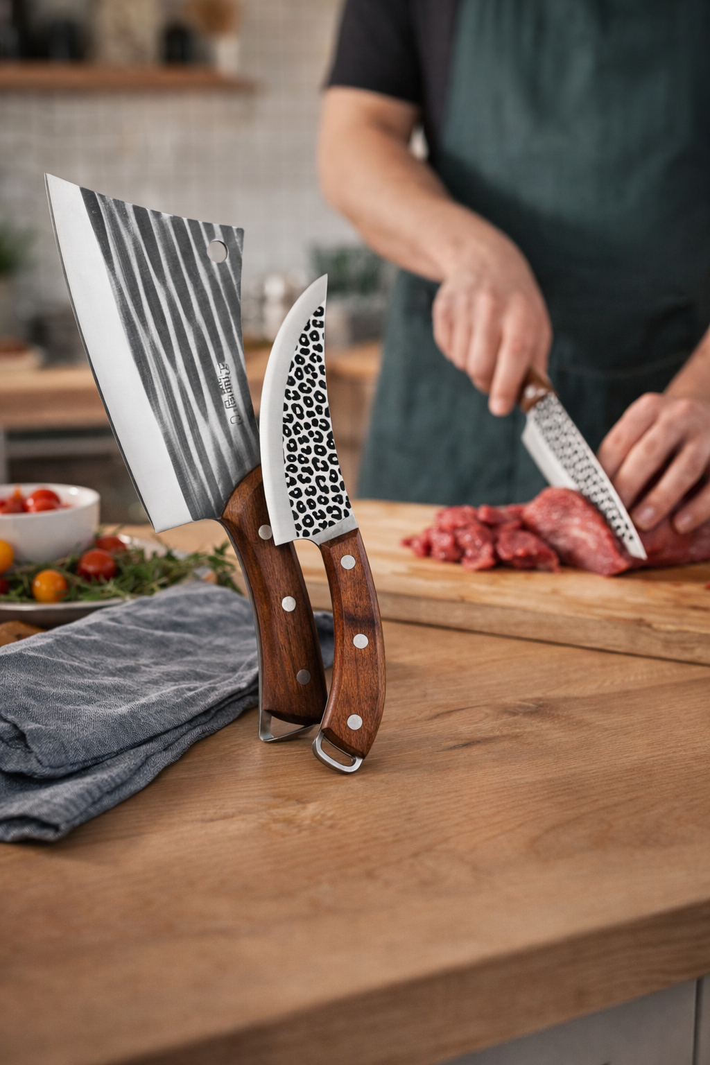 Pachet 2 Cuțite: Cuțit 14.5 cm + Satâr cu Mâner de Lemn  22.5 cm ❘ D7800 + D7797