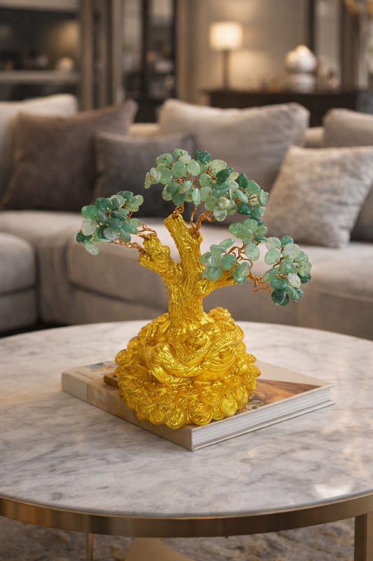 Copac Feng Shui cu Pietre Semiprețioase din Aventurin, Suport Ceramic, Înălțime 15cm ❘ D4638