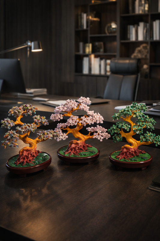 Copac Feng Shui cu Pietre Semiprețioase, Suport Ceramic, Înălțime 27 cm, Multiple Modele ❘ D4624 - Roz/Multicolor/Verde