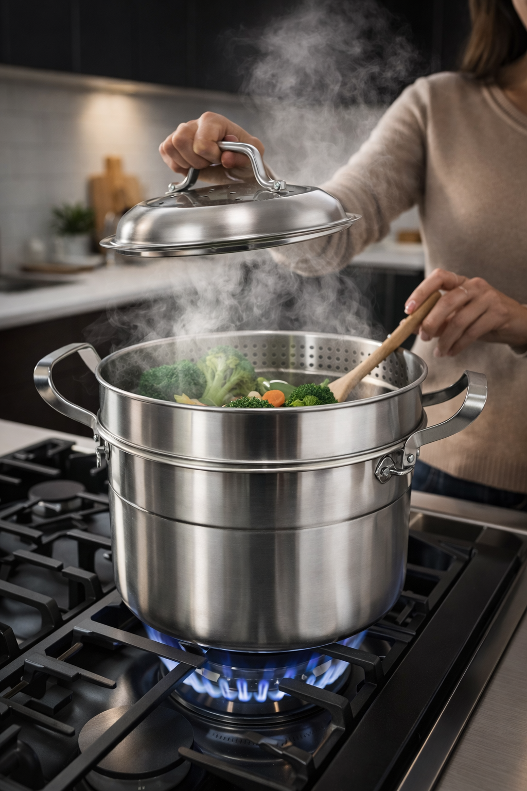 Set de Gătit Sub Aburi, Inox, 3 Piese, Oala 26 x 24 cm, Strecurătoare, Capac ❘ D6720