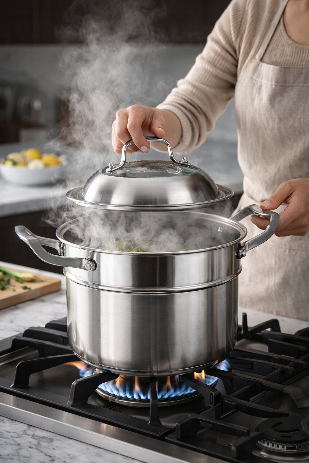 Set de Gătit Sub Aburi, Inox, 3 Piese, Oala 26 x 24 cm, Strecurătoare, Capac ❘ D6720