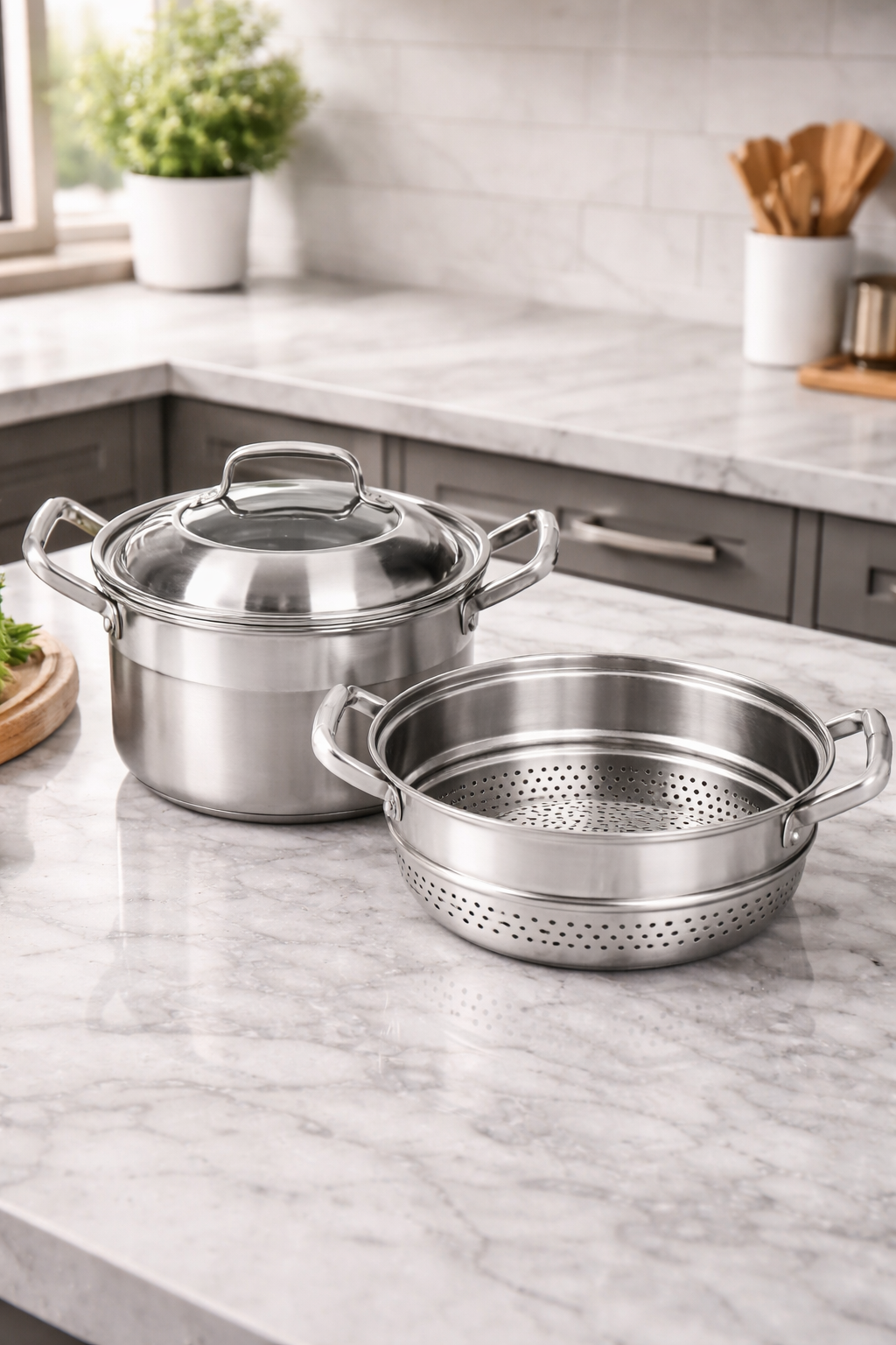 Set de Gătit Sub Aburi, Inox, 3 Piese, Oala 26 x 24 cm, Strecurătoare, Capac ❘ D6720