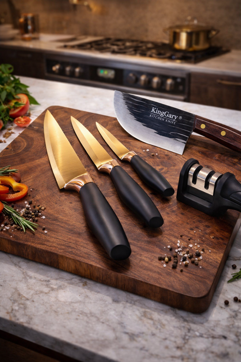 Pachet 4 Cuțite + Ascuțitor: Cuțitul Bucătarului 20 cm  + Cuțit Legume 12.5 cm + Cuțit pentru Feliat 20 cm + Cuțit Măcelar 33 cm  ❘ D3365 + D3367 + D3366 + D4304 + D446