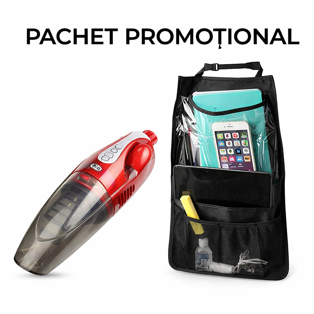 OFERTA CU CADOU - Aspirator Auto cu Accesorii + CADOU Organizator Auto, Suport Tabletă, 3 Buzunare | JK-013 + D5147