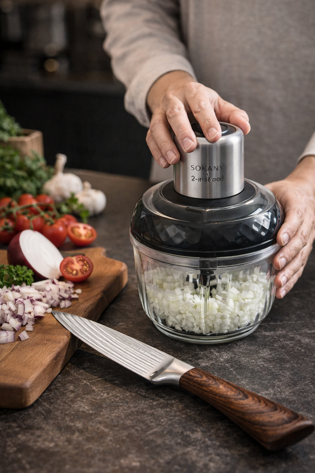 Pachet: Tocător Electric 2 în 1 + Cuțit pentru Legume, 12.5 cm ❘ Sokany SK-YM-7032 + D3362