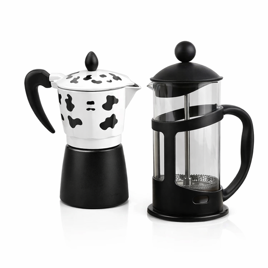 Set: Cafetieră MOKA, 6 cafele, 300 ml, Alb/Negru + Infuzor de Cafea și Ceai French Press, 600ml, Sticlă/Oțel inoxidabil ❘ D3411.negru.alb / D6969