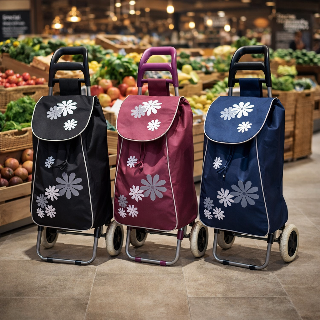Cărucior de piață pliabil – 37L, cadru metalic, sac impermeabil, roți mari, mâner ergonomic, diverse culori ❘ D4942