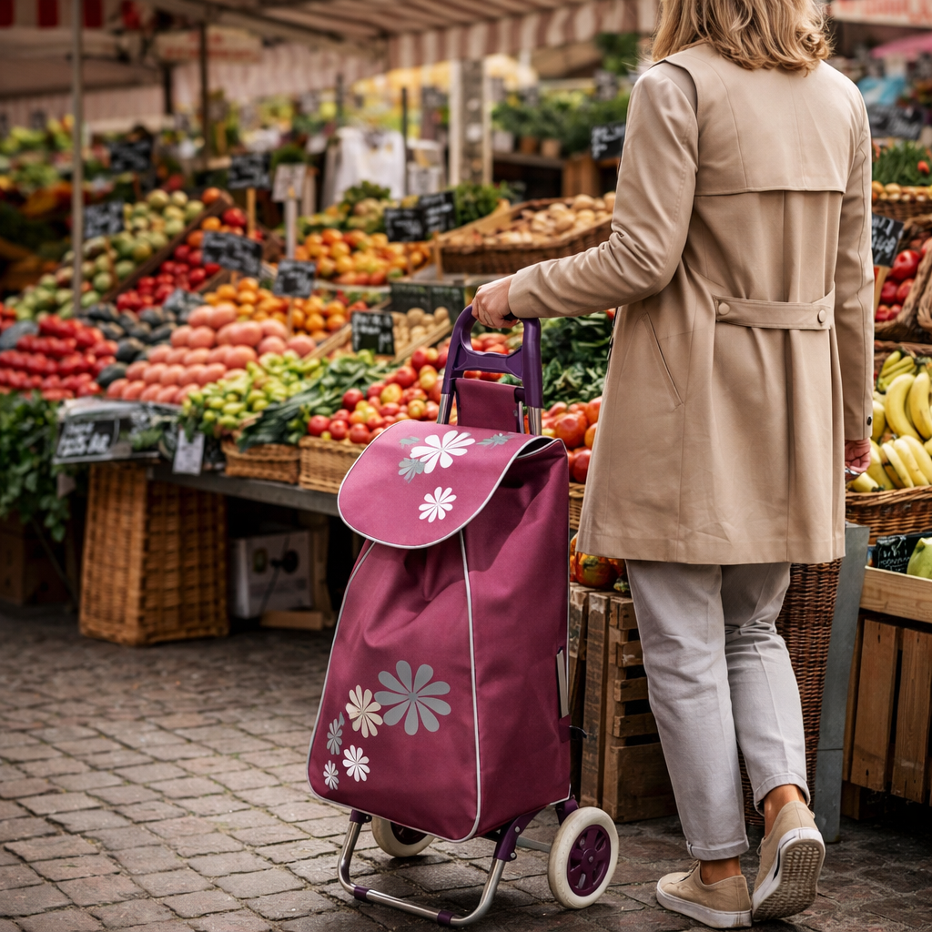 Cărucior de piață pliabil – 37L, cadru metalic, sac impermeabil, roți mari, mâner ergonomic, diverse culori ❘ D4942