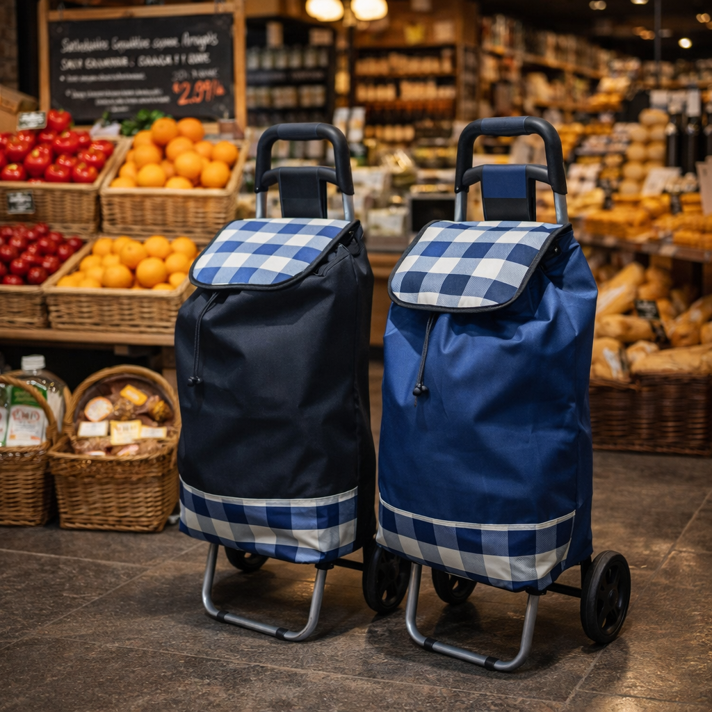 Cărucior de piață pliabil – 37L, cadru metalic, sac impermeabil, 2 roți mari, mâner ergonomic, diverse culori ❘ D4941