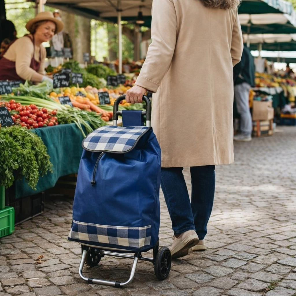 Cărucior de piață pliabil – 37L, cadru metalic, sac impermeabil, 2 roți mari, mâner ergonomic, diverse culori ❘ D4941