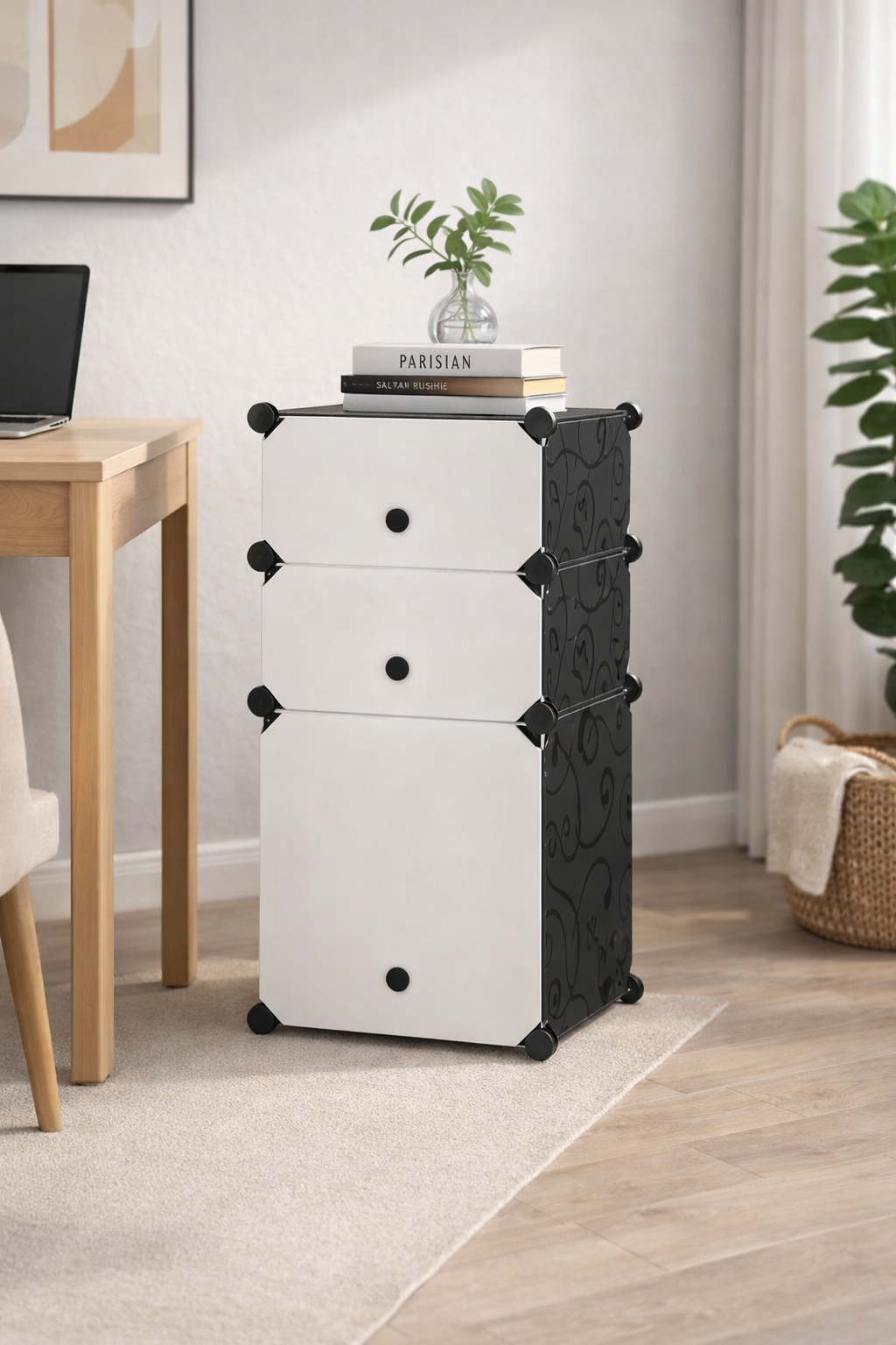 Dulap Modular, 3 Uși, 74 x 37 x 37 cm, Alb/Negru ❘ D7891