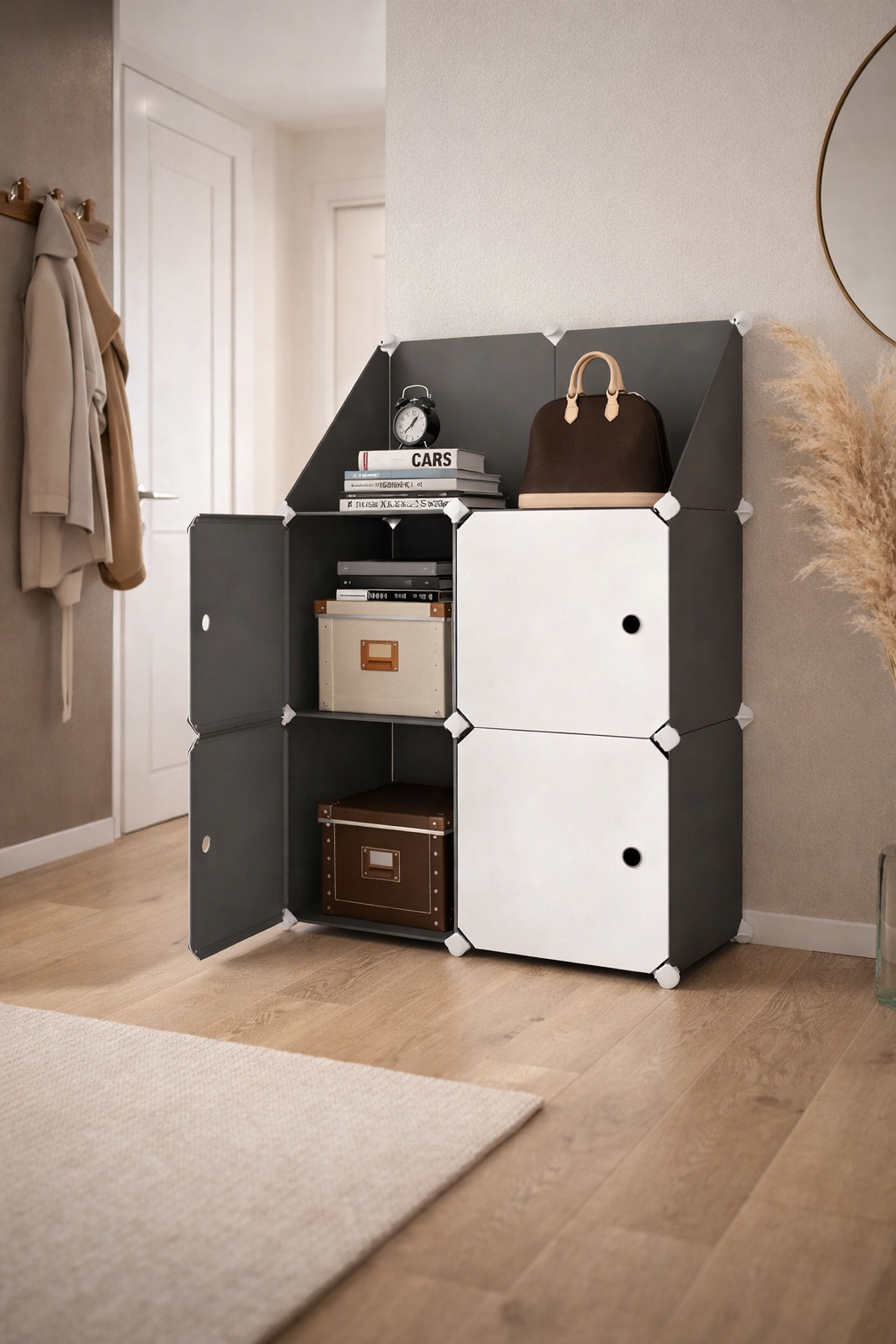 Dulap Modular, 4 Uși, 110 x 75 x 37 cm, Gri / Roz / Negru ❘ D7894 / D7895 / D7896