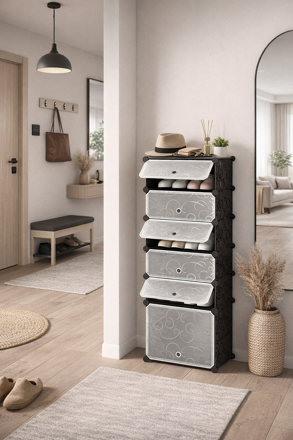 Pantofar Modular, 6 Uși, 37 x 37 x 125 cm Albastru / Roz / Negru ❘ D7904 / D7905 / D7906