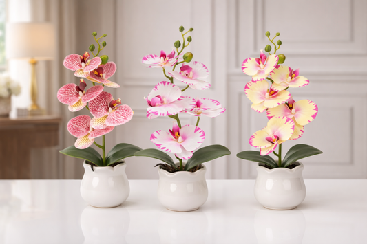 Pachet: 2 x Orhidee cu aspect natural în ghiveci ceramic, 49 cm, diverse culori ❘ D6894 / D6892 / D6891
