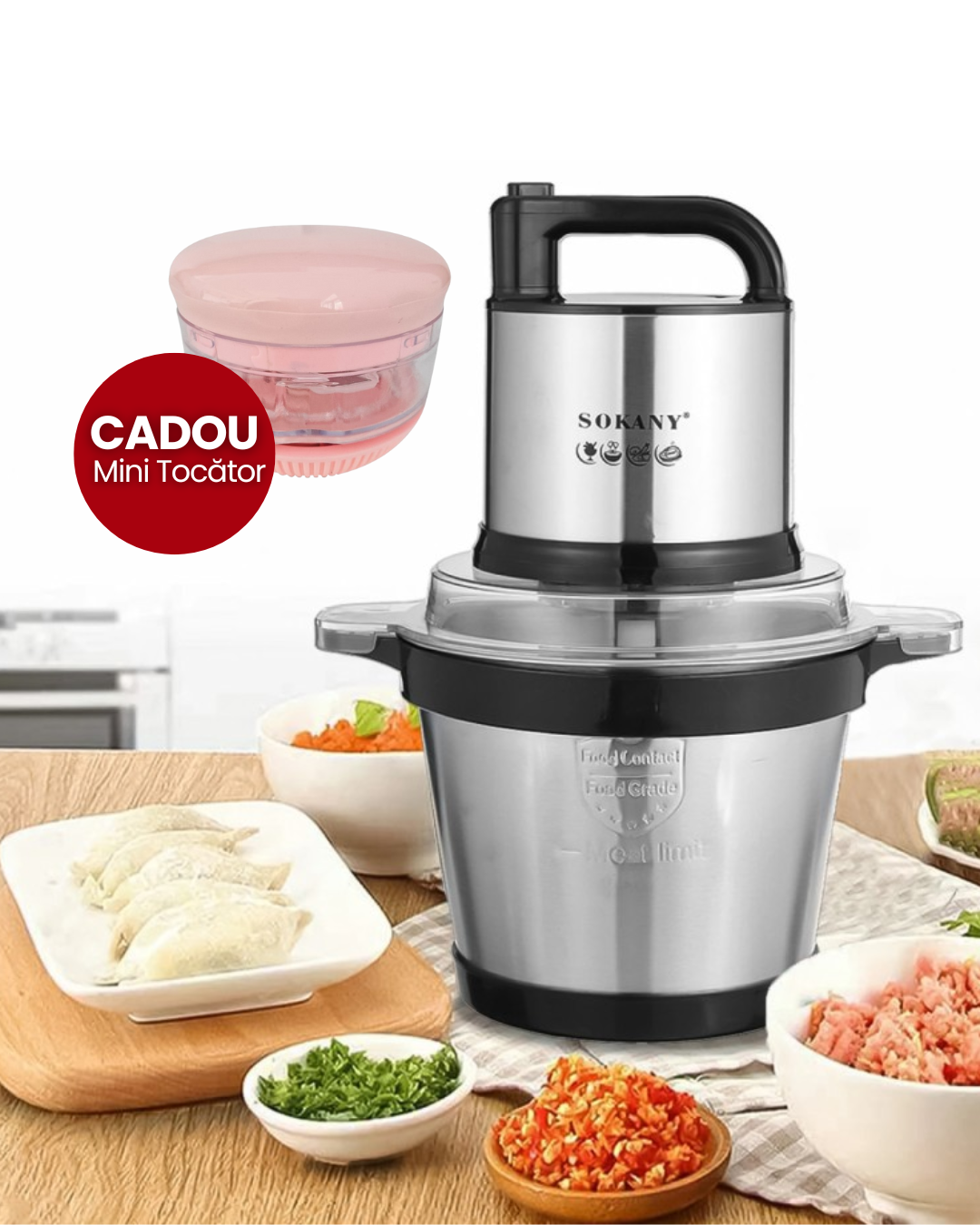 Tocător Electric Sokany - 4 Lame din Oțel Inoxidabil de Înaltă Calitate, 800 W, 4L, Recipient din Inox, Negru/Inox + Mini Tocător Cadou | SK-7028 + D5161