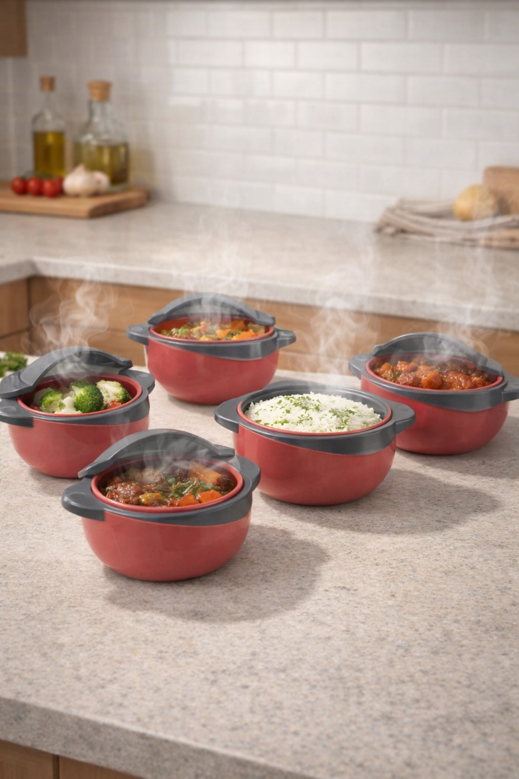 Caserole termice - set 5 piese, cu interior din inox, Naimeed, diverse culori ❘ D4795
