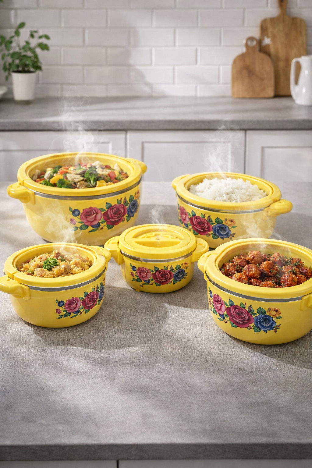 Caserole termice - set 5 piese, cu interior din inox, Naimeed, diverse culori ❘ D4799