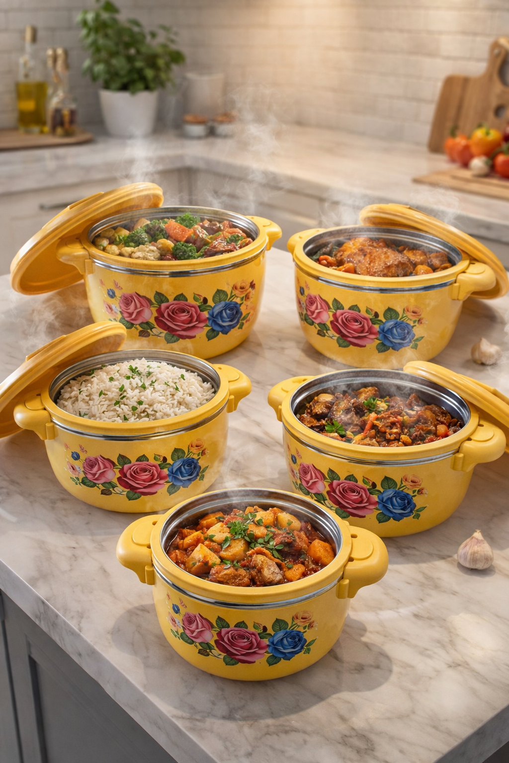 Caserole termice - set 5 piese, cu interior din inox, Naimeed, diverse culori ❘ D4799