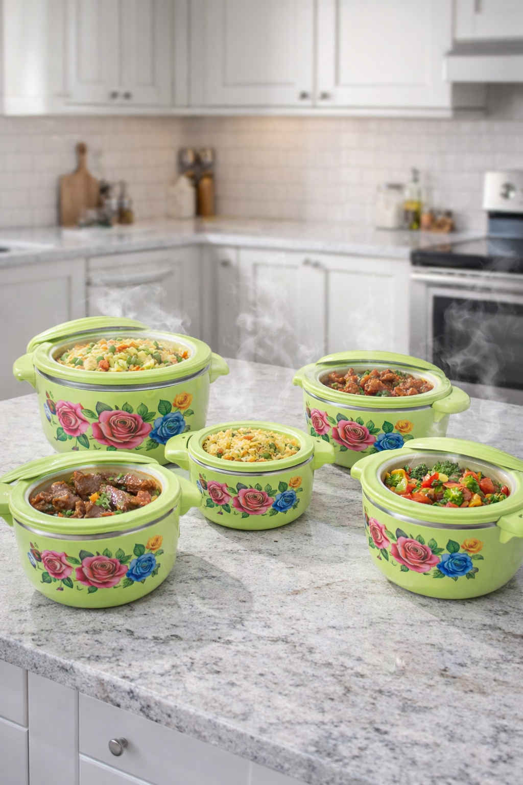 Caserole termice - set 5 piese, cu interior din inox, Naimeed, diverse culori ❘ D4799