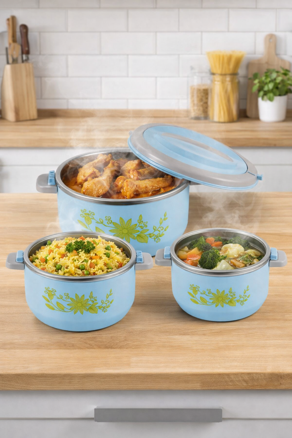 Caserolă termică - set 3 piese, cu interior din inox, diverse culori ❘ D4810