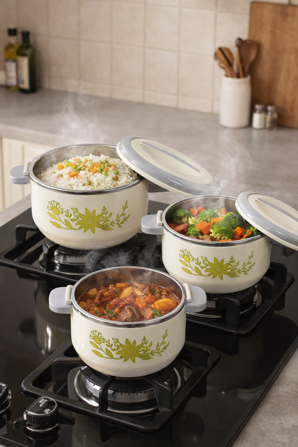 Caserolă termică - set 3 piese, cu interior din inox, diverse culori ❘ D4810