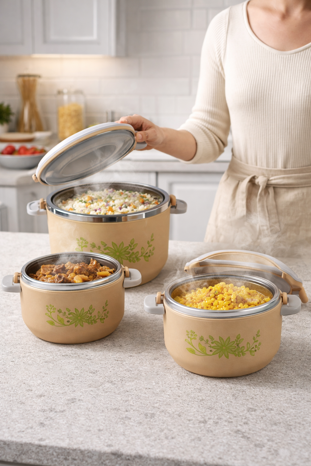 Caserolă termică - set 3 piese, cu interior din inox, diverse culori ❘ D4810