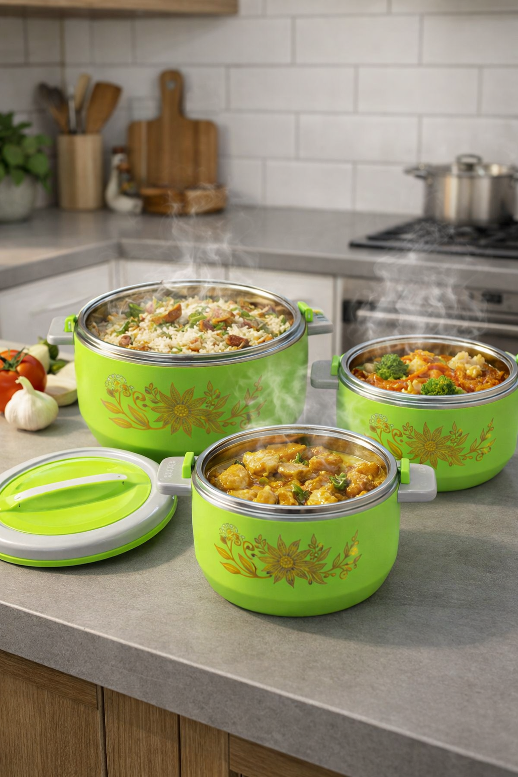 Caserolă termică - set 3 piese, cu interior din inox, diverse culori ❘ D4810