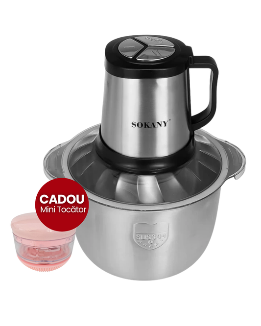Tocător Electric Sokany - 4 Lame din Oțel Inoxidabil de Înaltă Calitate, 800 W, 4.5L, Recipient din Inox, Negru/Inox + Mini Tocător Cadou | SK-7015 + D5161
