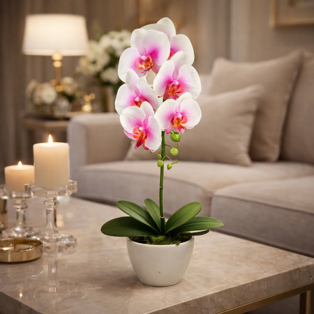 Orhidee cu aspect natural în ghiveci ceramic, 46 cm, diverse culori ❘ D5820
