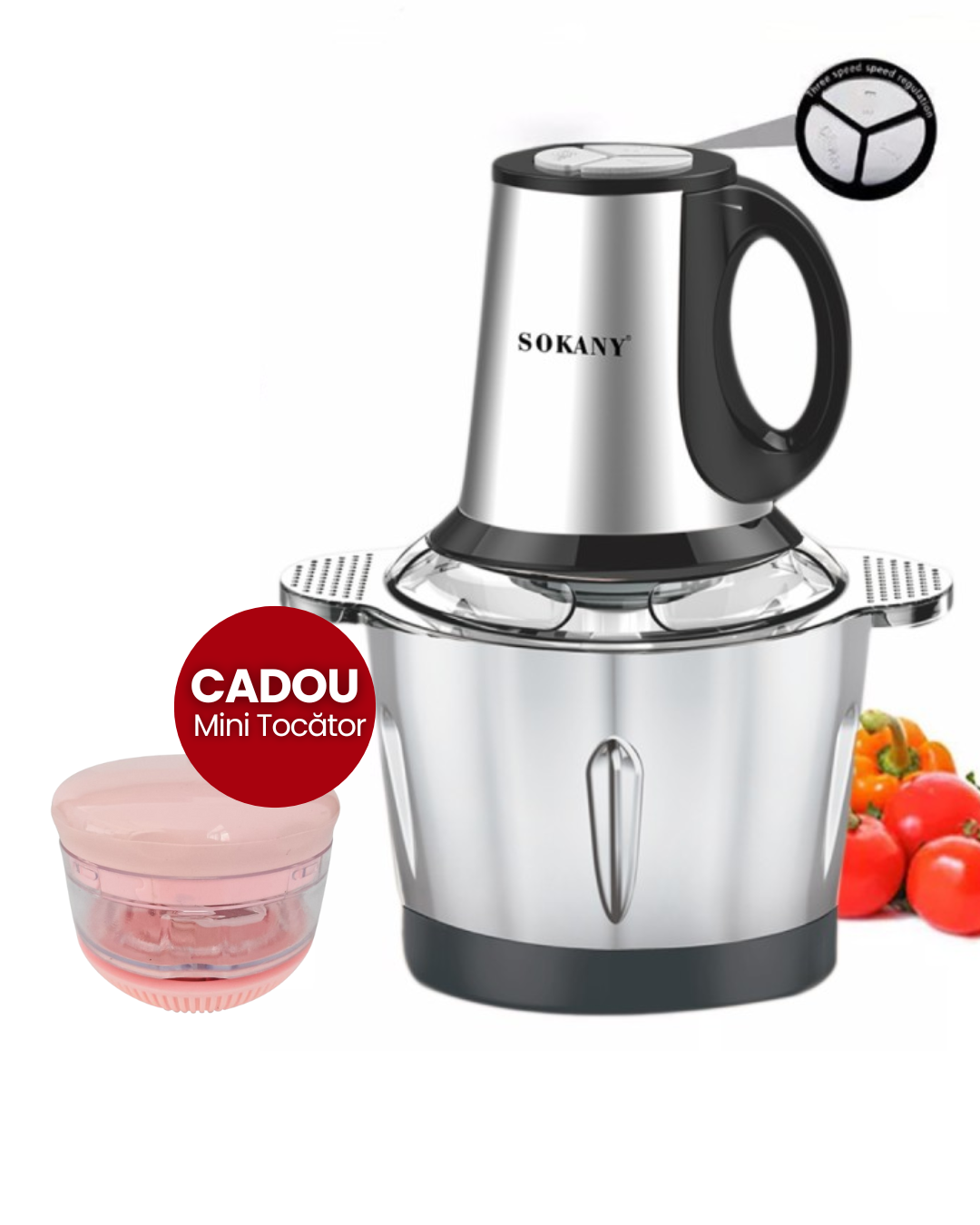 Tocător Electric Sokany - 4 Lame din Oțel Inoxidabil de Înaltă Calitate, 500 W, 3L, Recipient din Inox, Negru/Inox + Mini Tocător CADOU | SK-7011 + D5161