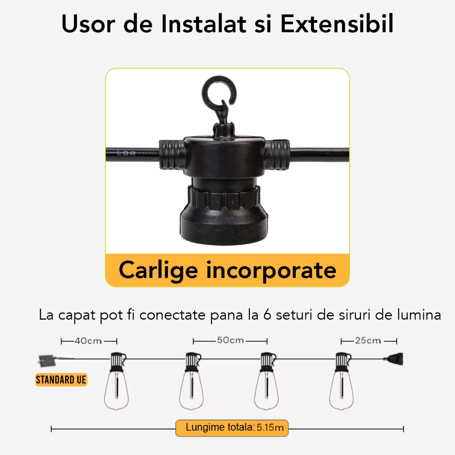 Ghirlandă luminoasă, solară, decorativă, interconectabilă, 5m, 10 Becuri LED, Lumina Alb Cald ❘  D6103