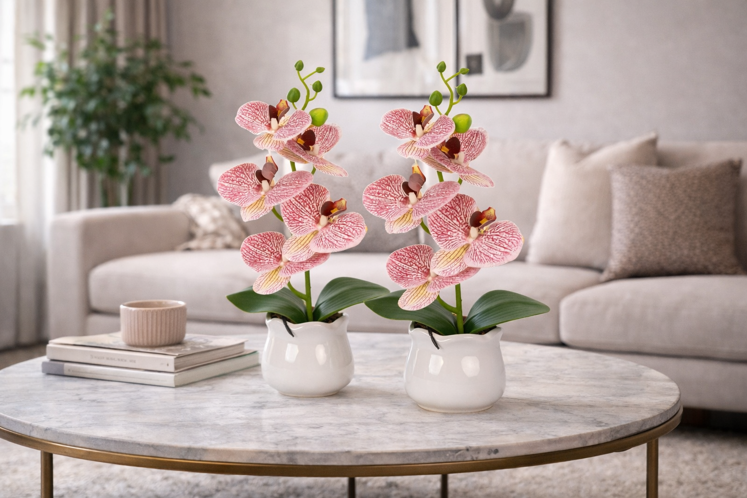 Pachet: 2 x Orhidee cu aspect natural în ghiveci ceramic, 49 cm, diverse culori ❘ D6894 / D6892 / D6891