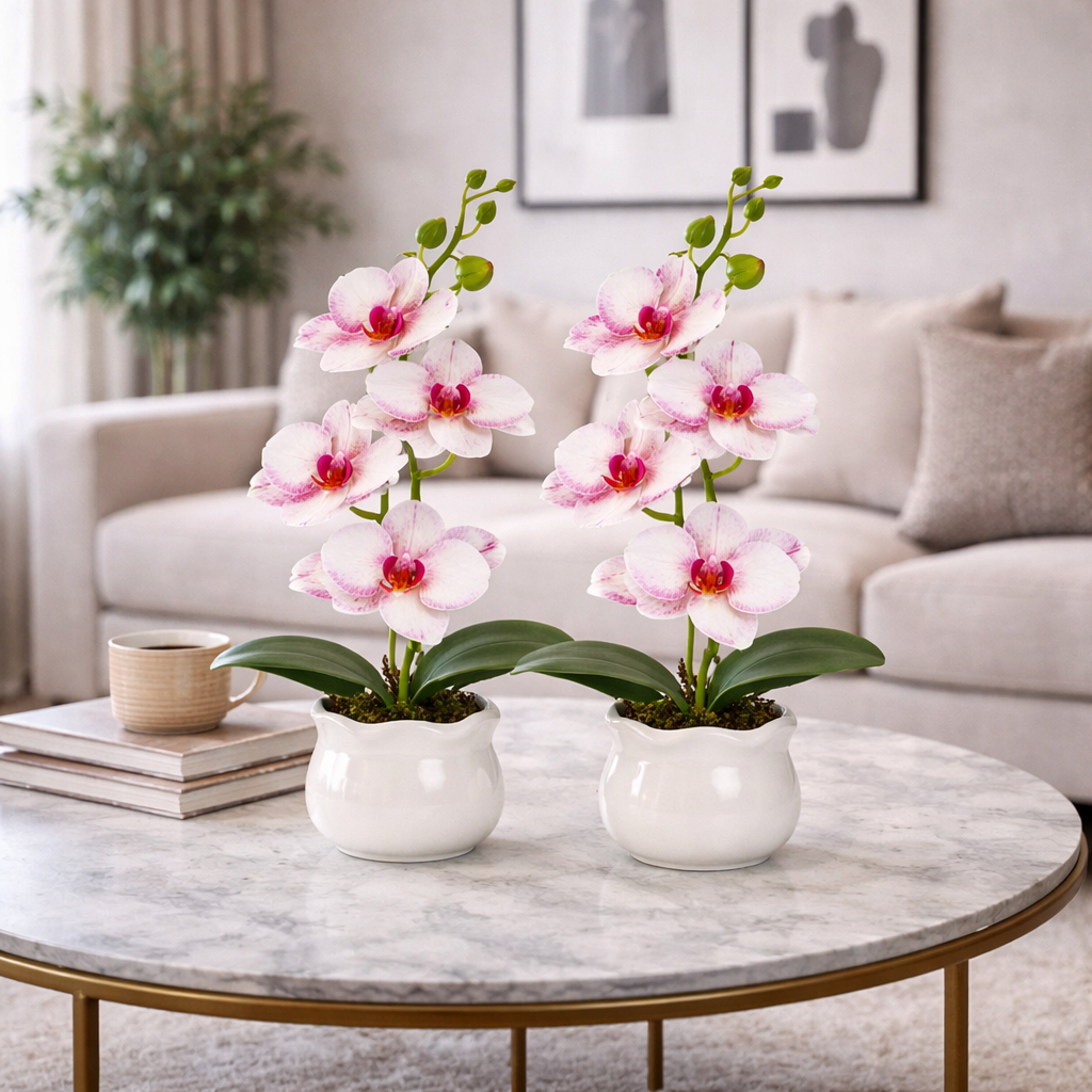 Pachet: 2 x Orhidee cu aspect natural în ghiveci ceramic, 49 cm, diverse culori ❘ D6894 / D6892 / D6891