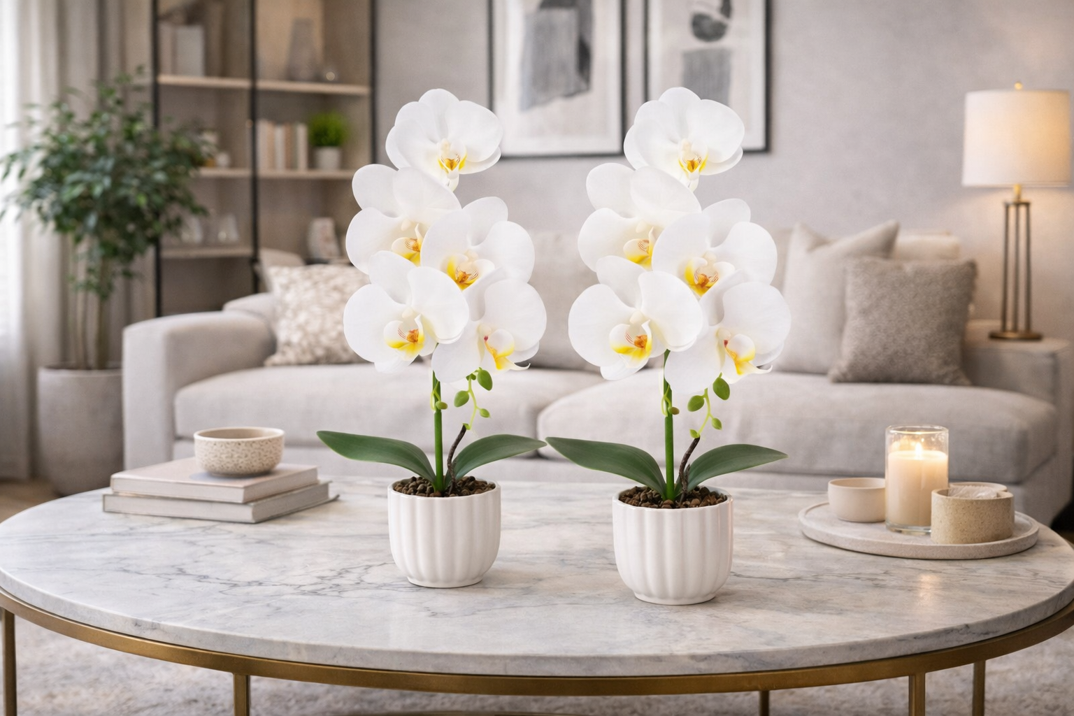 Pachet: 2 x Orhidee cu aspect natural în ghiveci ceramic, 42 cm, diverse culori ❘ D6881 / D6880 / D6879 / D6882