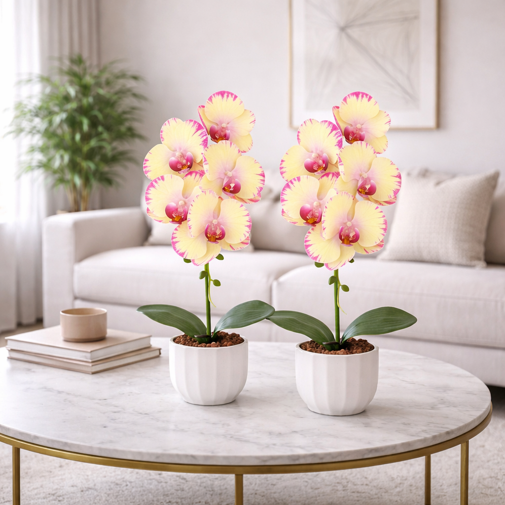 Pachet: 2 x Orhidee cu aspect natural în ghiveci ceramic, 42 cm, diverse culori ❘ D6881 / D6880 / D6879 / D6882