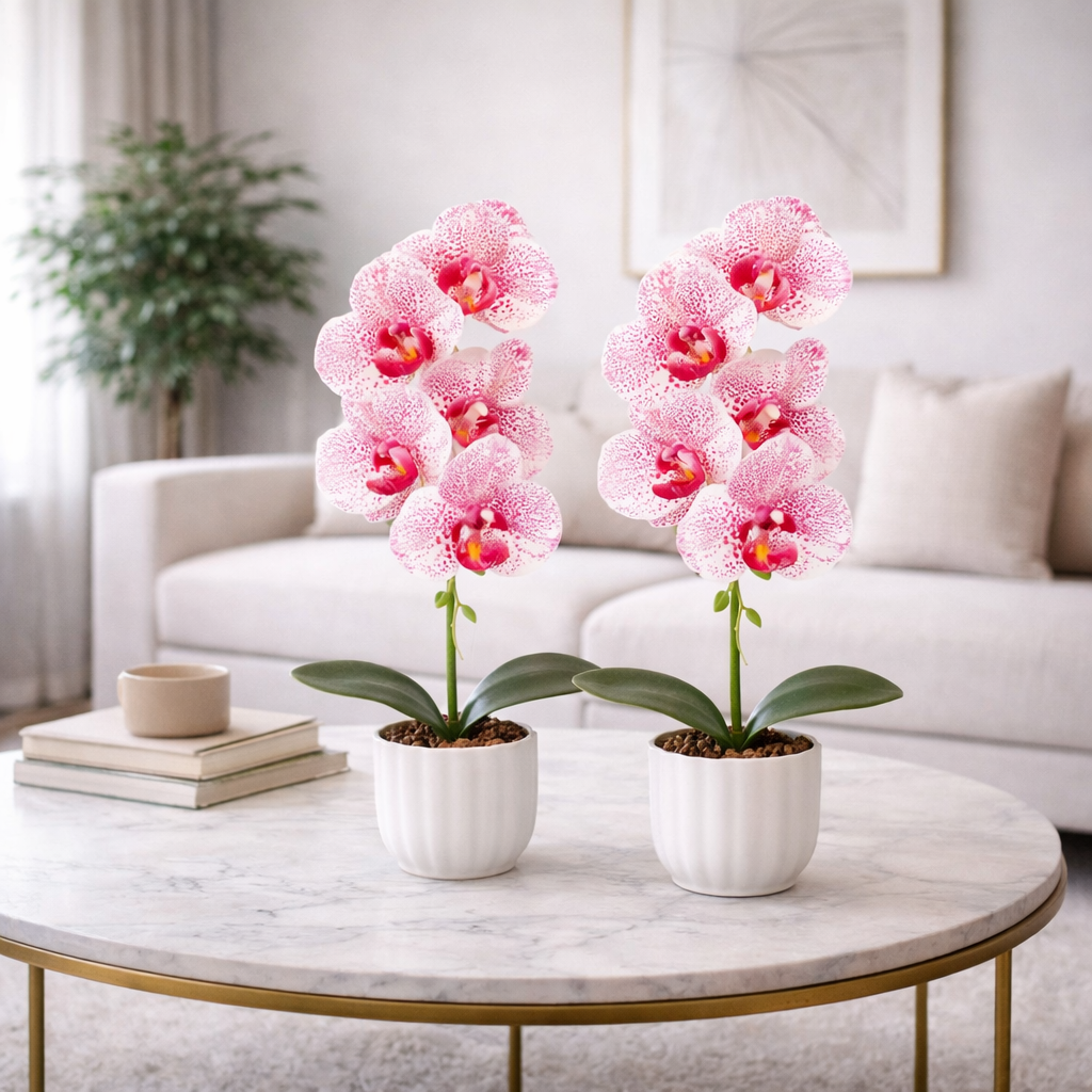 Pachet: 2 x Orhidee cu aspect natural în ghiveci ceramic, 42 cm, diverse culori ❘ D6881 / D6880 / D6879 / D6882