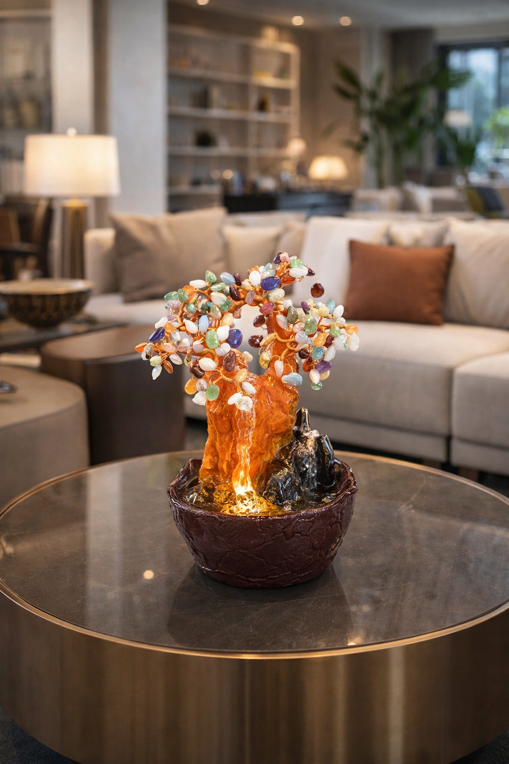 Fântână Arteziană, Feng Shui, cu LED, Pompă Submersibilă, Pietre Semiprețioase și Lumini, Înălțime 23cm ❘ D3008