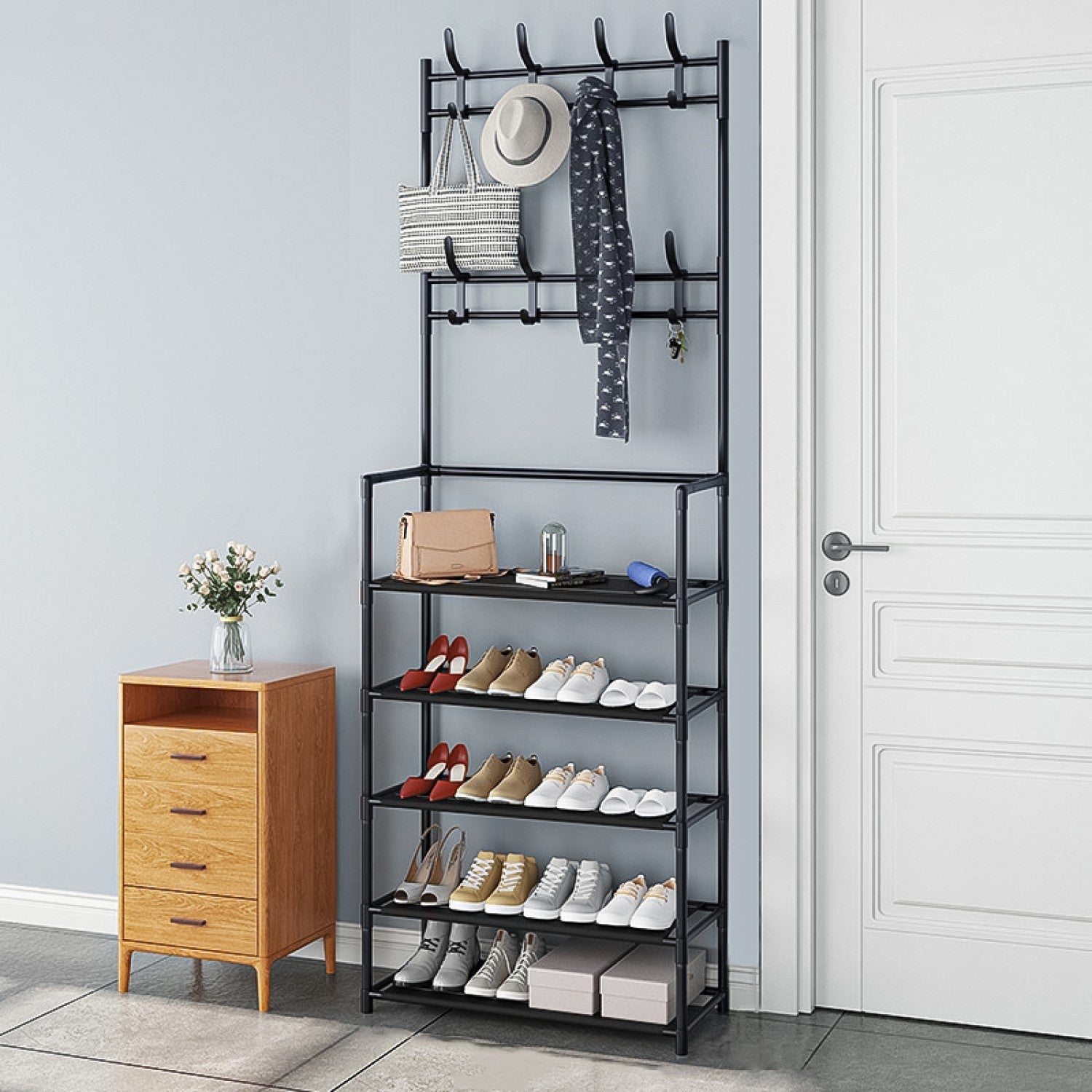 Cuier haine cu suport pantofi - 5 rafturi, modern, durabil, spațios, negru ❘ D3791