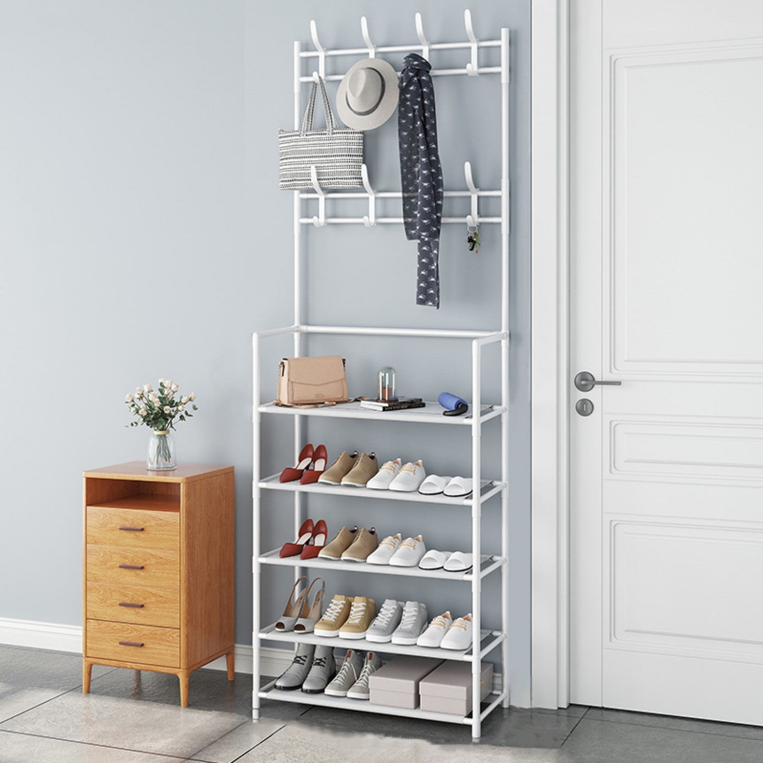 Cuier haine cu suport pantofi - 5 rafturi, modern, durabil, spațios, negru ❘ D3791