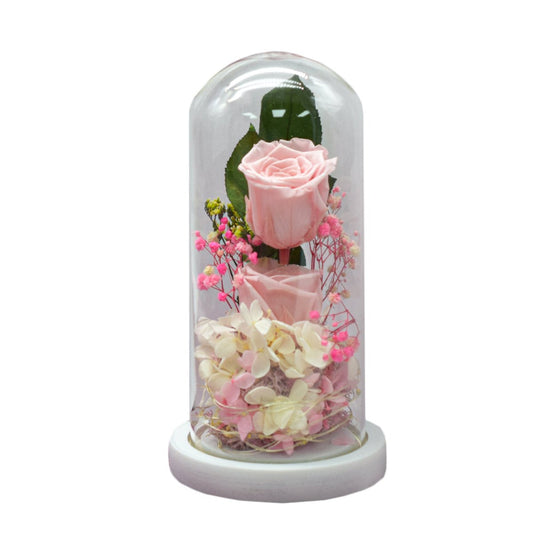 Aranjament floral in cupola de sticla, lumina Led, D4014, Roz