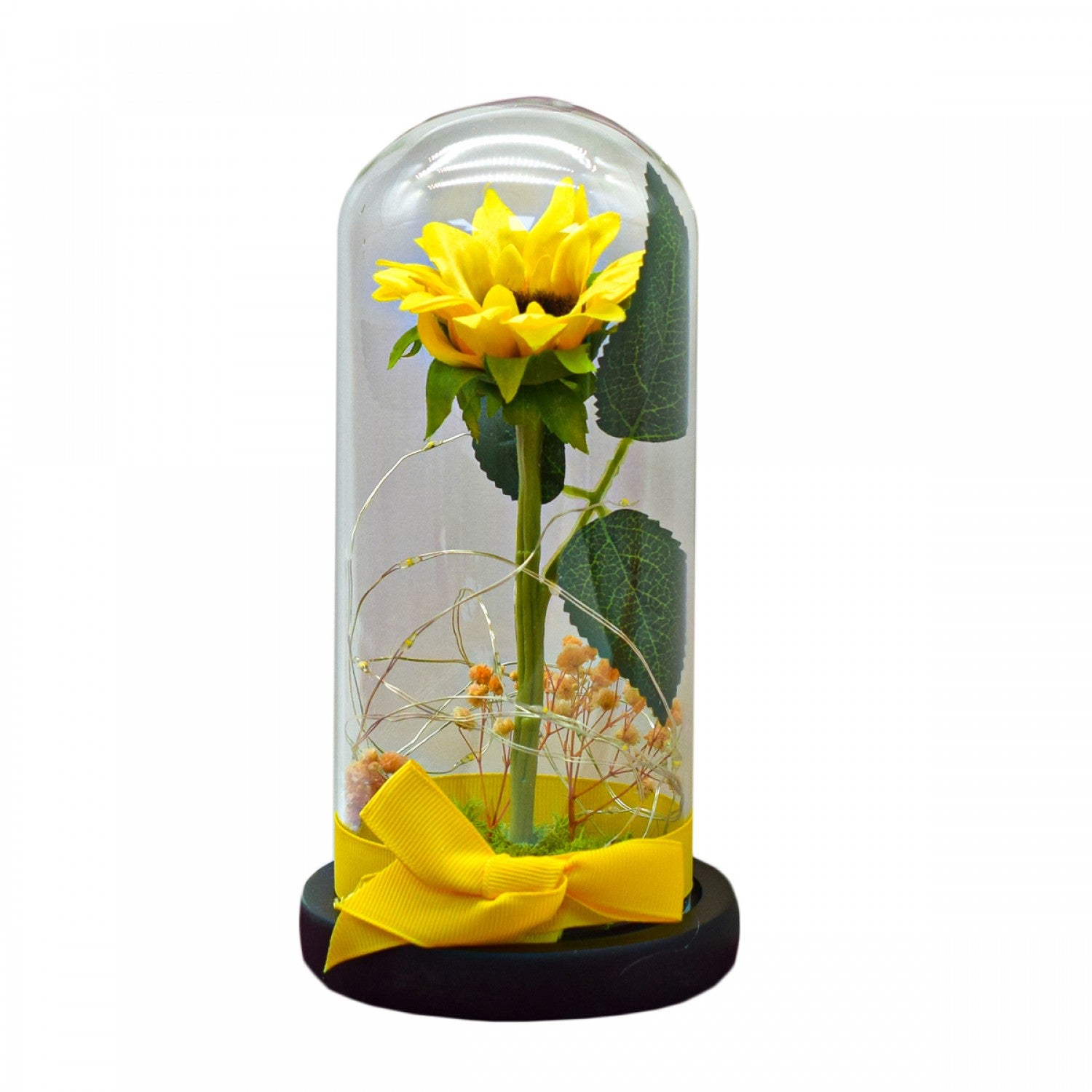 Aranjament floral în cupolă de sticlă, lumină Led, Galben ❘ D4047-Galben