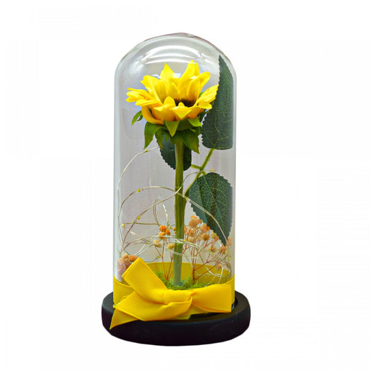 Aranjament floral în cupolă de sticlă, lumină Led, Galben ❘ D4047-Galben