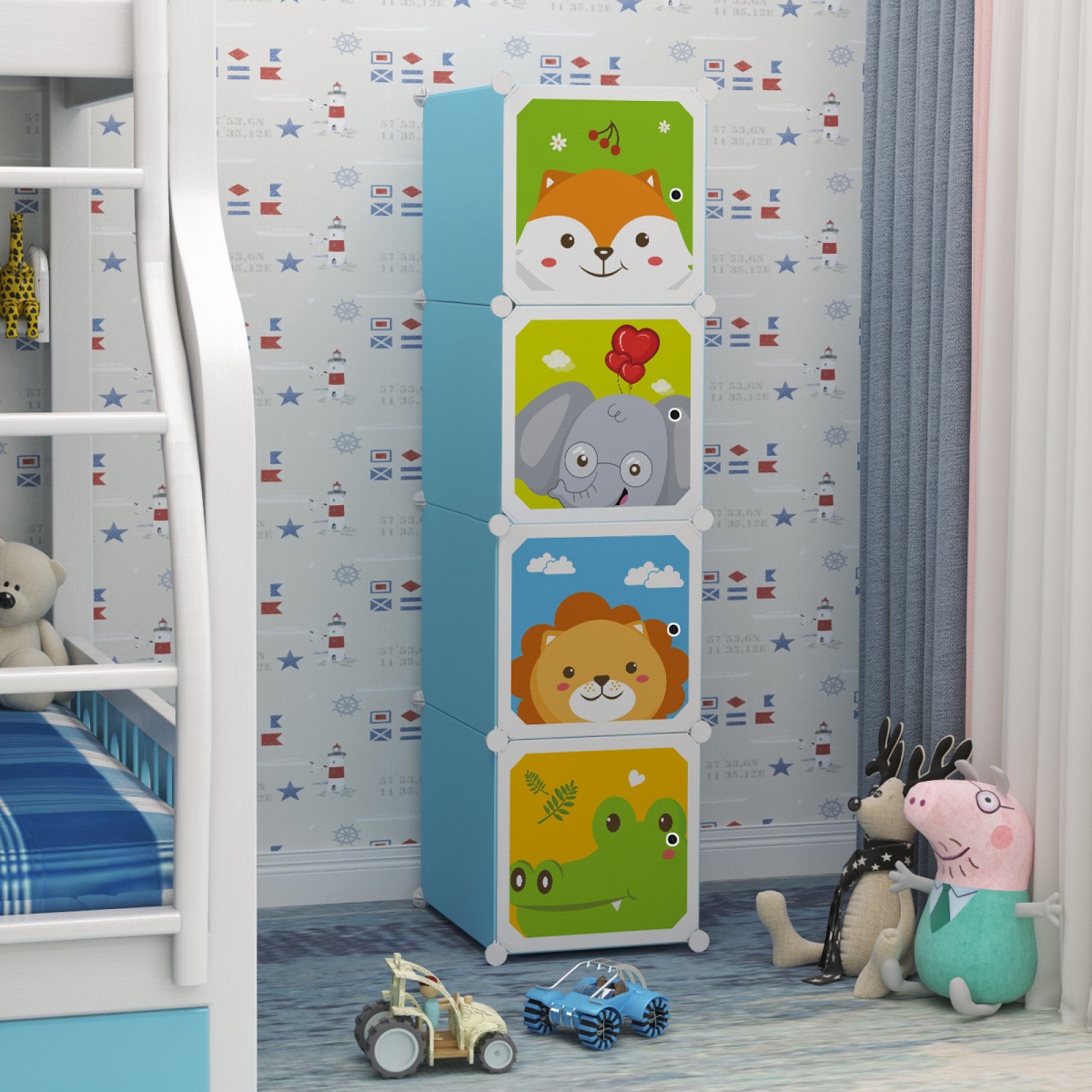 Set: Dulap Modular Copii, 4 Usi, Blue + Set 10 umerase, haine copii, Turcoaz | D4381 / D5543