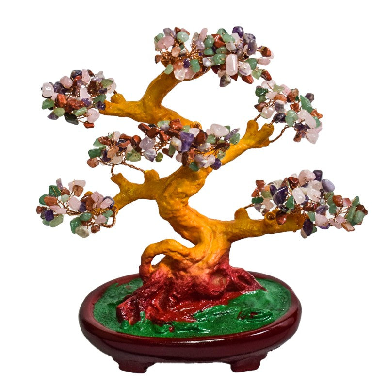 Copac Feng Shui cu Pietre Semiprețioase, Suport Ceramic, Înălțime 27 cm, Multiple Modele ❘ D4624 - Roz/Multicolor/Verde