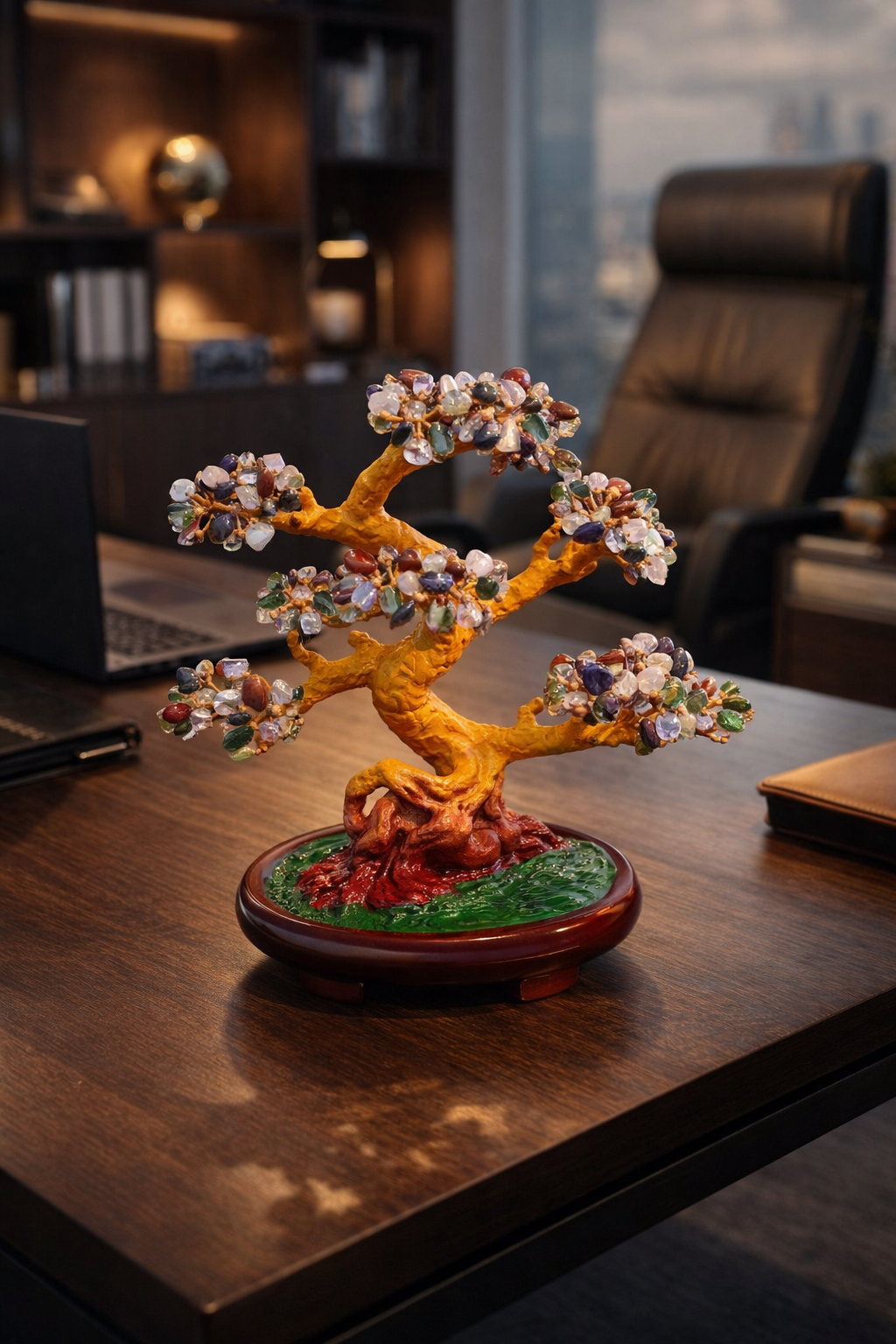 Copac Feng Shui cu Pietre Semiprețioase, Suport Ceramic, Înălțime 27 cm, Multiple Modele ❘ D4624 - Roz/Multicolor/Verde