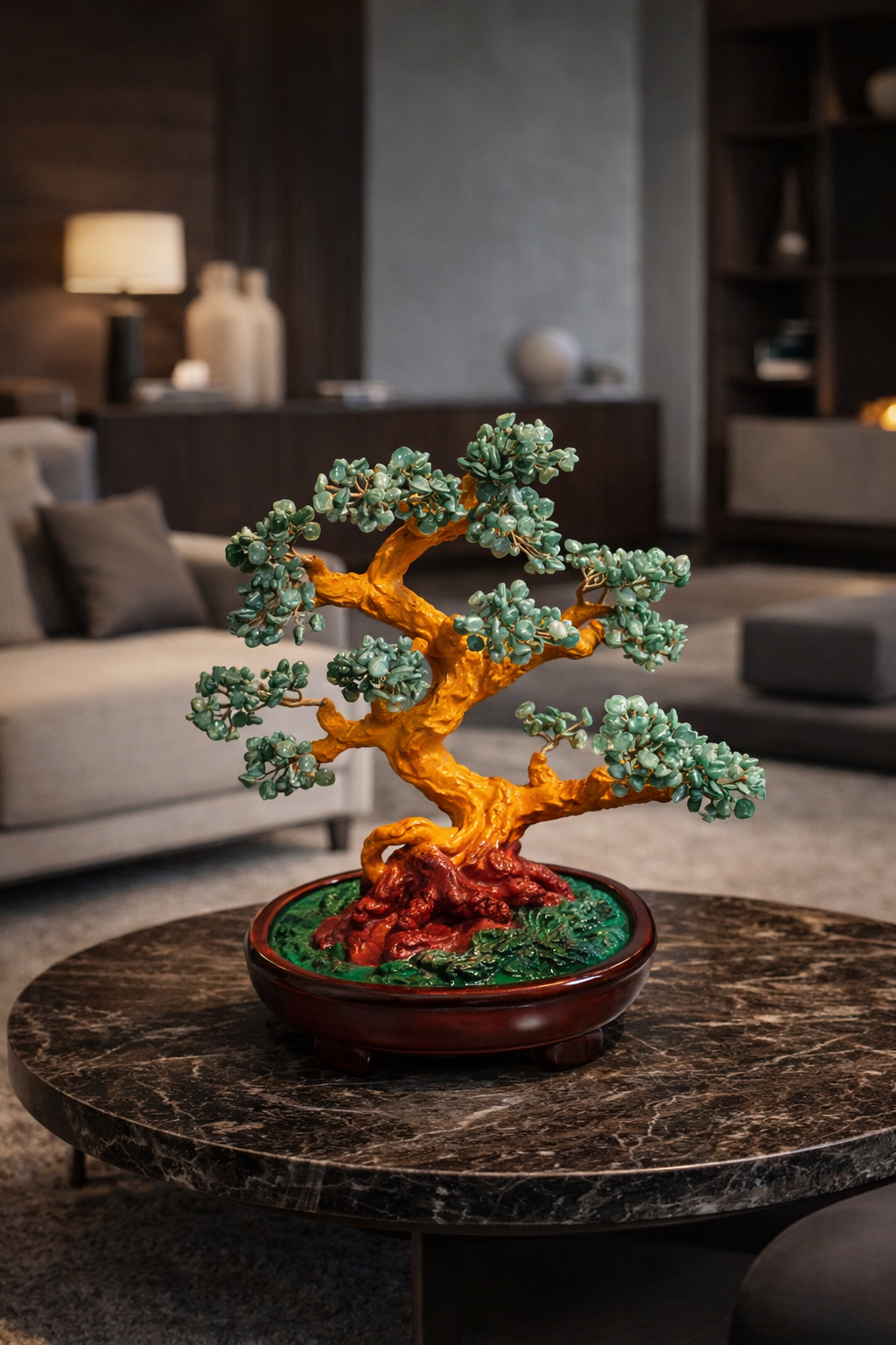 Copac Feng Shui cu Pietre Semiprețioase, Suport Ceramic, Înălțime 27 cm, Multiple Modele ❘ D4624 - Roz/Multicolor/Verde
