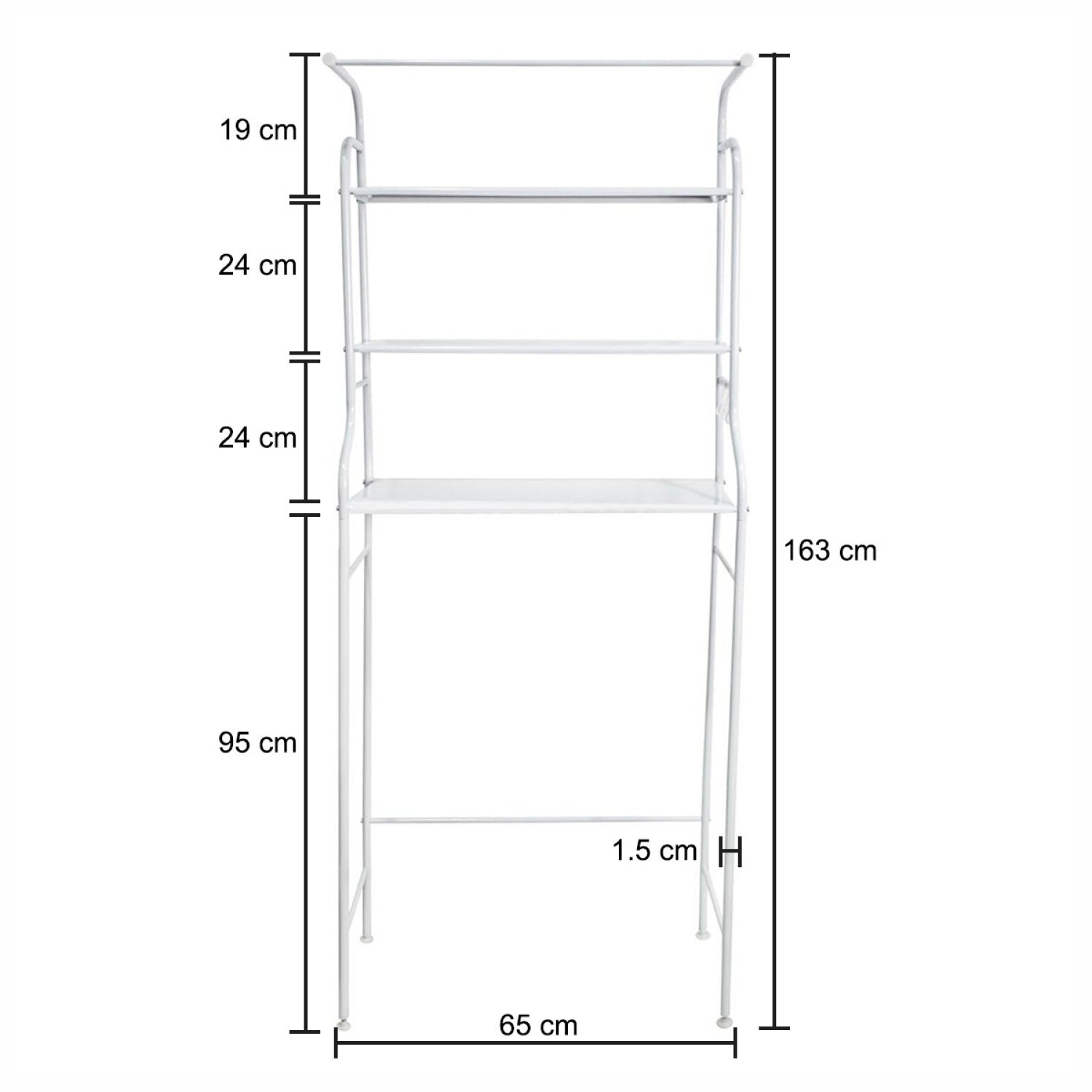 Raft de baie, 3 polițe, 163x65x25 cm – ideal deasupra mașinii de spălat, alb, metal, stabil și spațios ❘ D4823-Raft