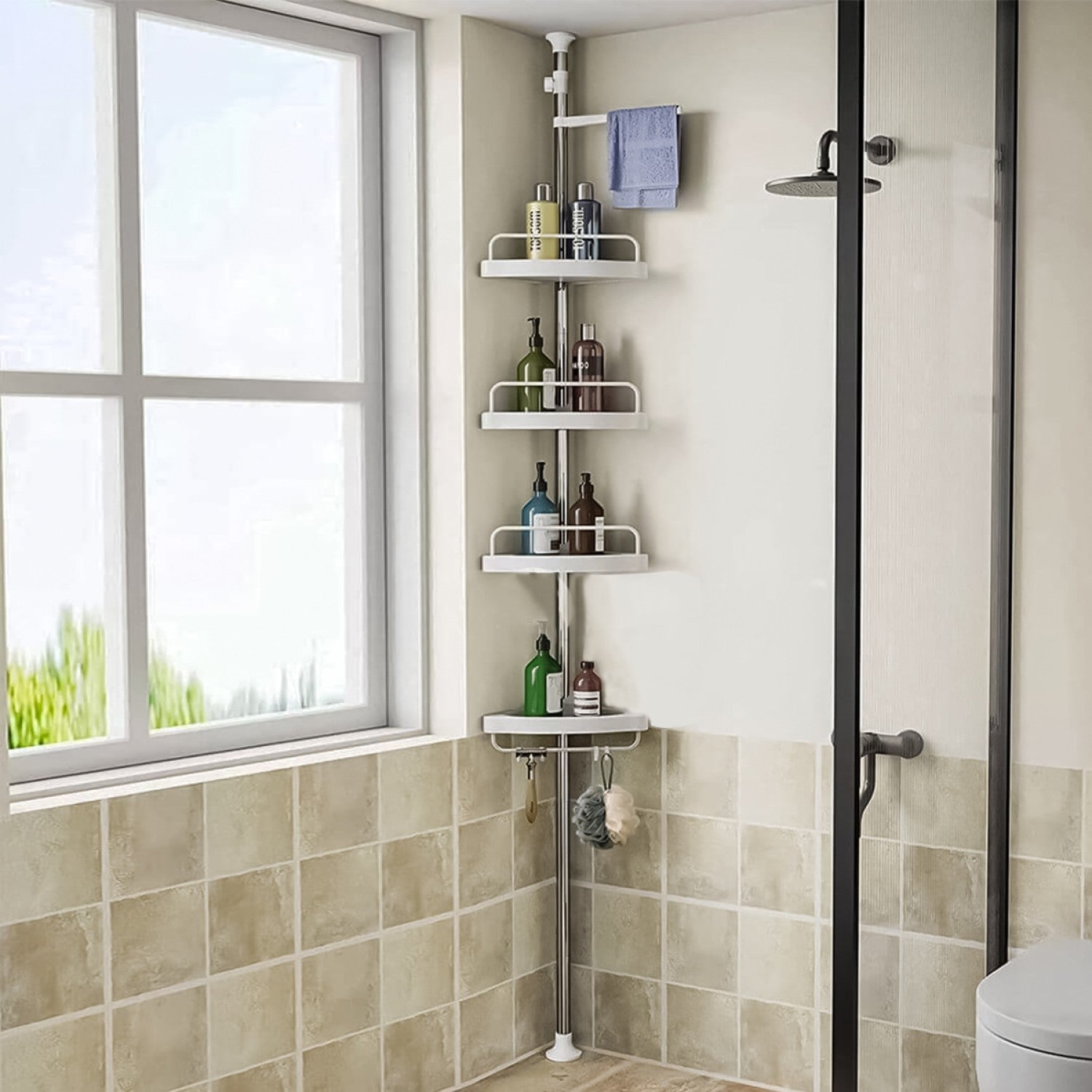 Raft de baie pentru colț, 4 polițe, înălțime reglabilă 2.10-2.60 m, alb ❘ D4827