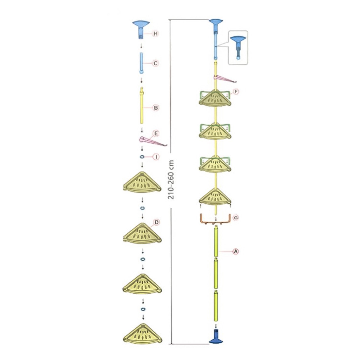 Raft de baie pentru colț, 4 polițe, înălțime reglabilă 2.10-2.60 m, alb ❘ D4827